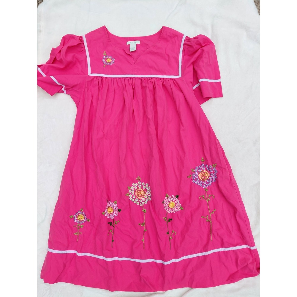 Vintage Bechamel Pink Cotton Floral Embroidered Square Neck Dress XL Boho